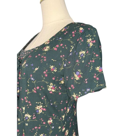 Vtg Another Thyme Women’s 4 A-Line Dress Green Floral Rayon Cottage Core 90s - Picture 4 of 7